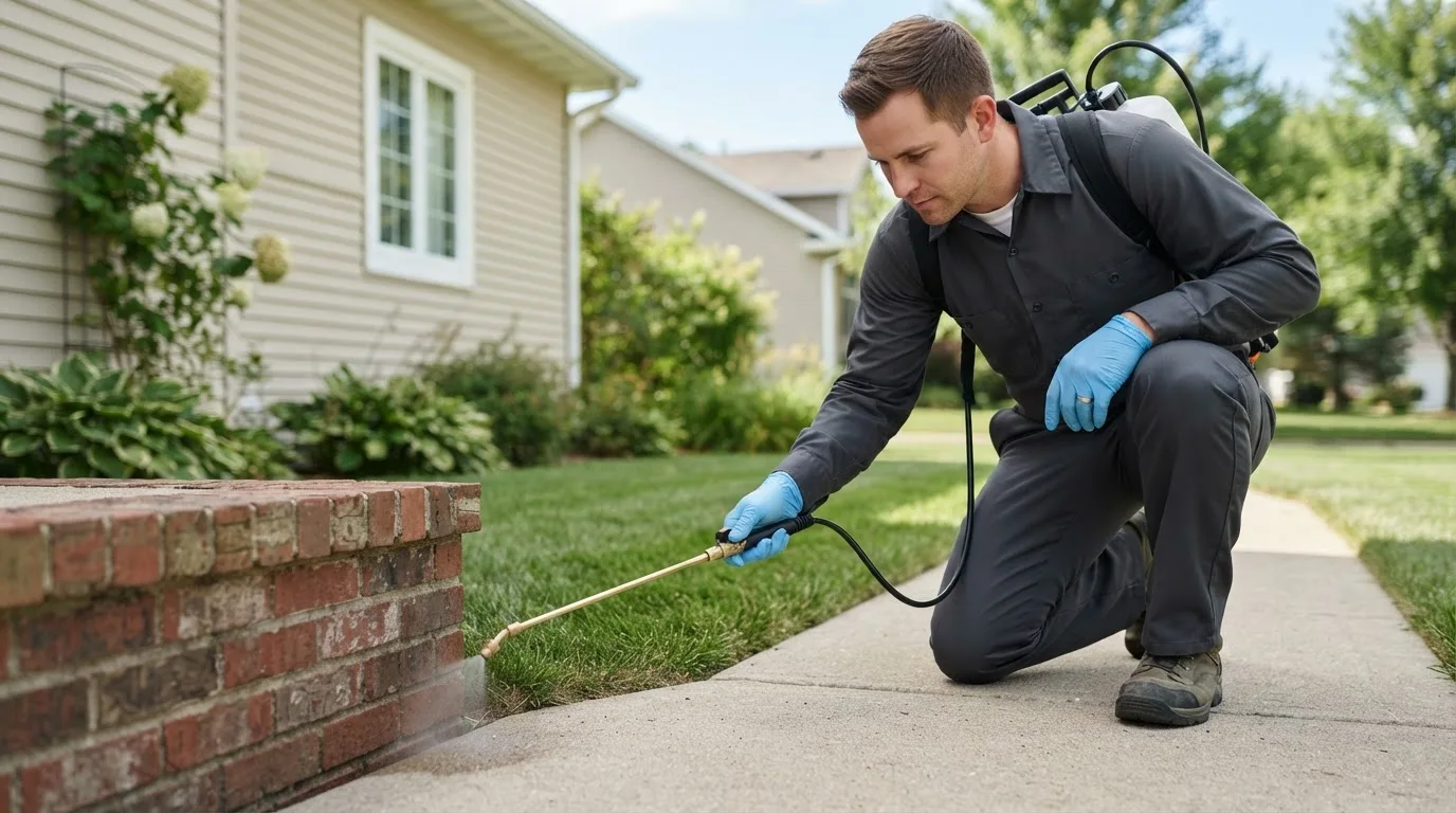Pest control technician treating a home near Rainier, OR